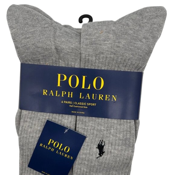 Polo Ralph Lauren 6 Pair Pack Classic Sport Crew Socks Light Heather Grey 6-12.5 - Picture 1 of 4